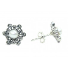 Stud Earrings Silver 925 Sterling Women Pearl Marcasite Stone Handmade Gift B649